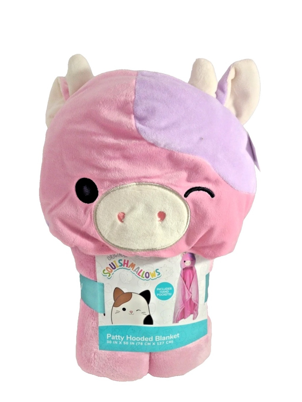 Squishmallows Pink and Lavender Patty Cow Hooded Blanket Plush
